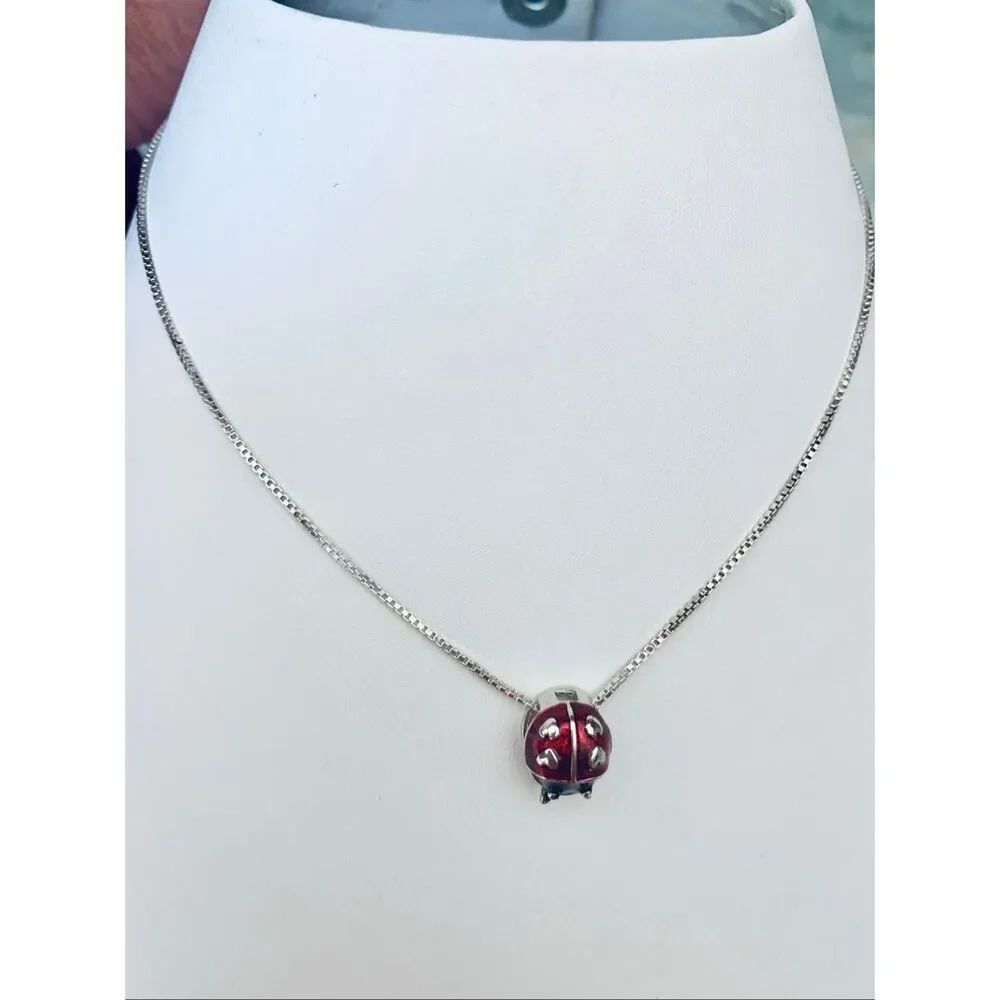 .925 Vintage Ladybug Charm Box Chain Necklace #italy